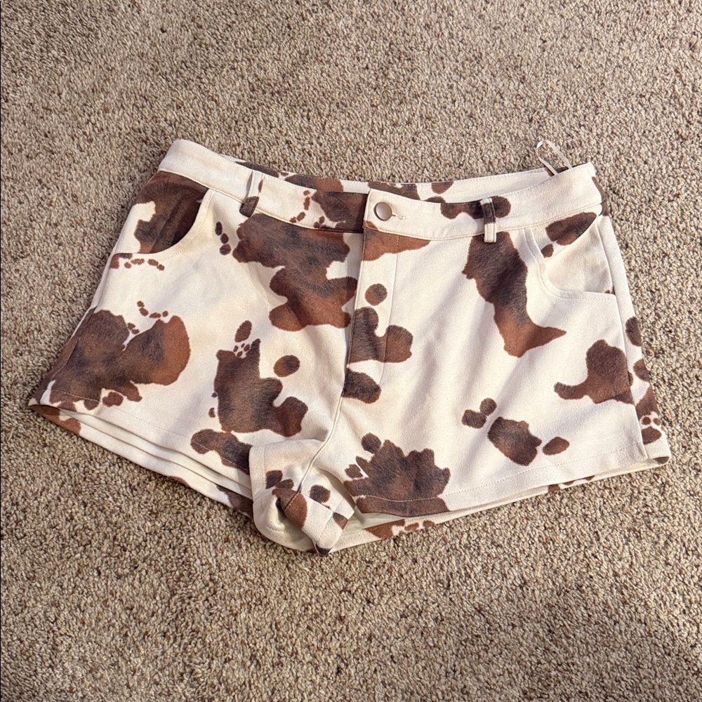 Vici High Waist Cow Print Shorts in Cream and Brown